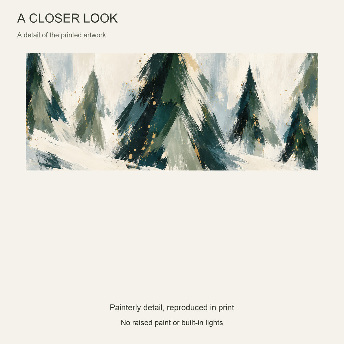 Snow Falls on the Christmas Trees — 3-Piece Christmas Canvas Wall Art Set — Close-up of printed artwork — Image 4