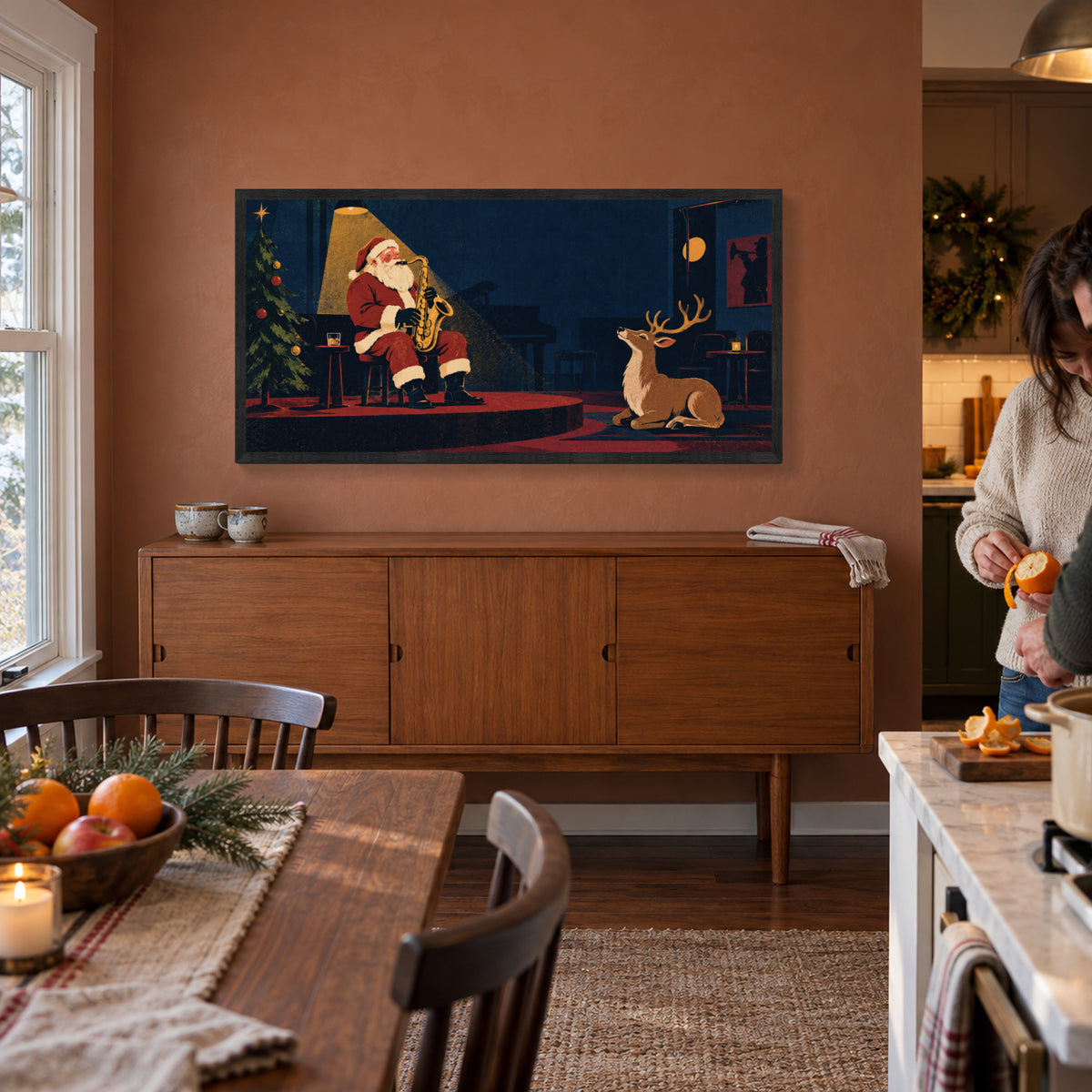 Midnight Christmas Jazz — Black Wood Framed Christmas Canvas Wall Art — Holiday activity with the artwork on the wall — Image 2