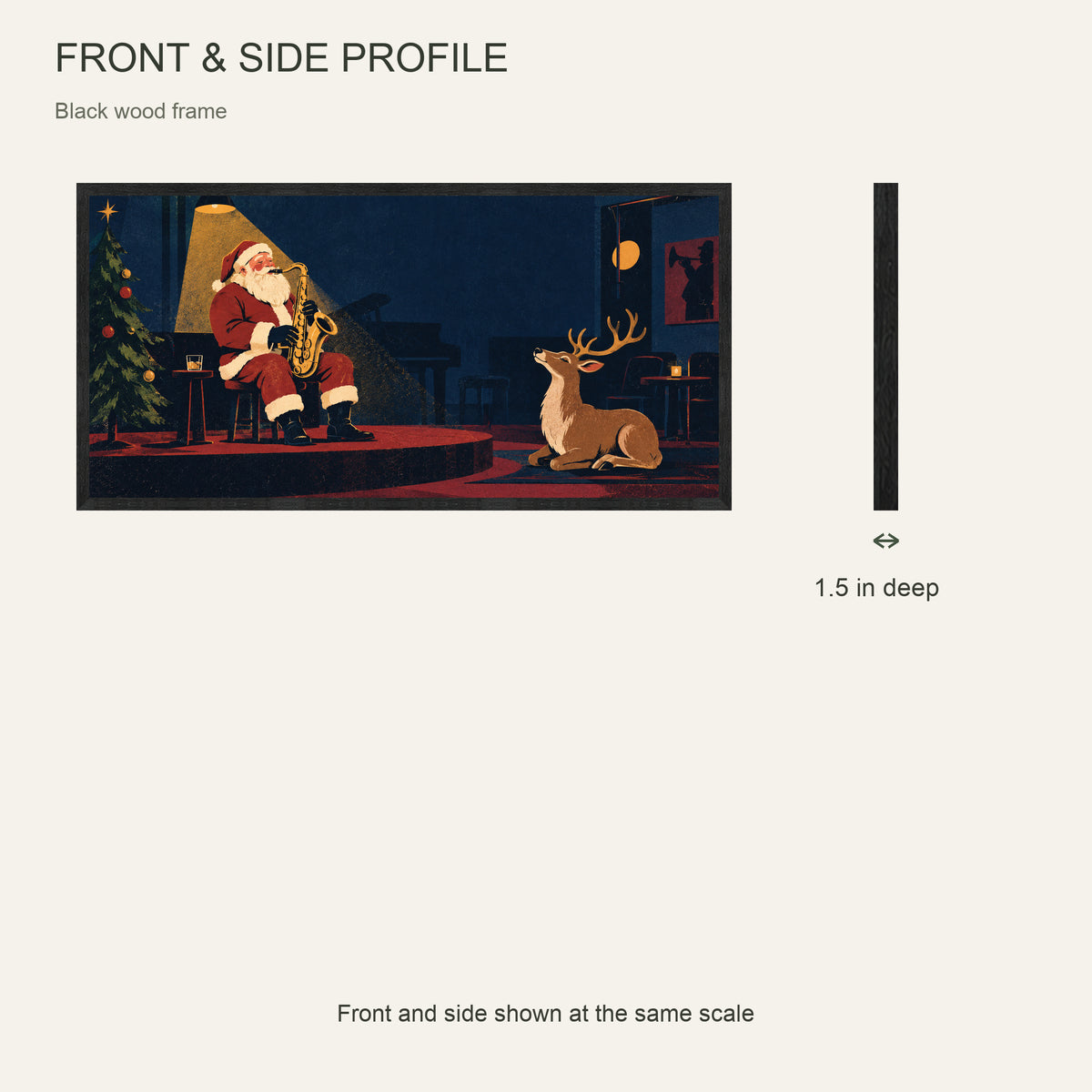 Midnight Christmas Jazz — Black Wood Framed Christmas Canvas Wall Art — Front and side showing 1.5-inch depth — Image 5