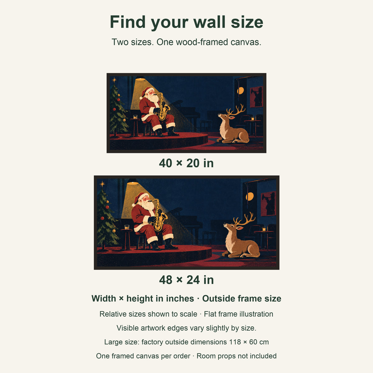 Midnight Christmas Jazz — Black Wood Framed Christmas Canvas Wall Art — artwork size comparison, width × height in inches — Image 8