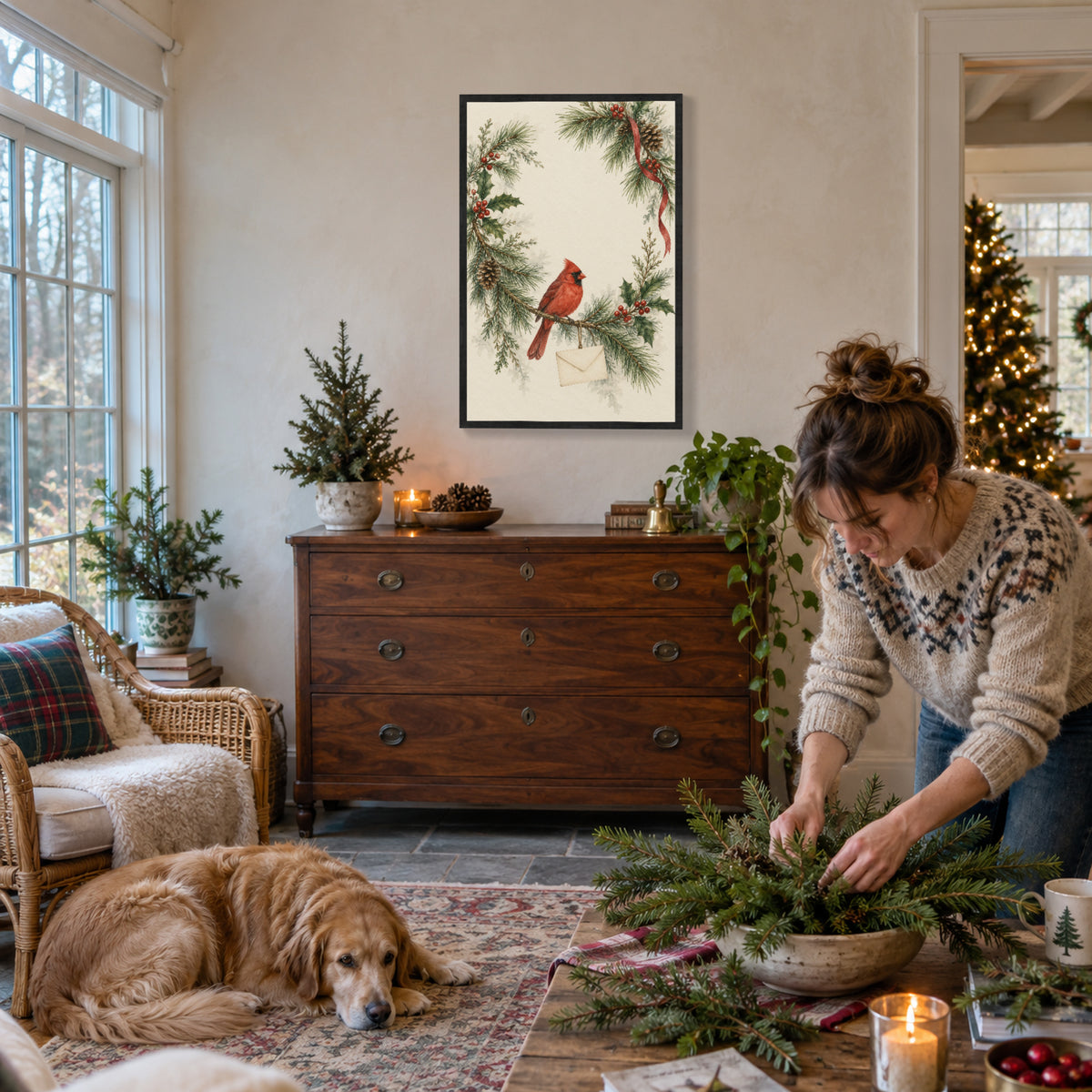 A Winter Letter on the Pine Branch — Black Wood Framed Christmas Canvas Wall Art — Another holiday living space with the artwork — Image 3