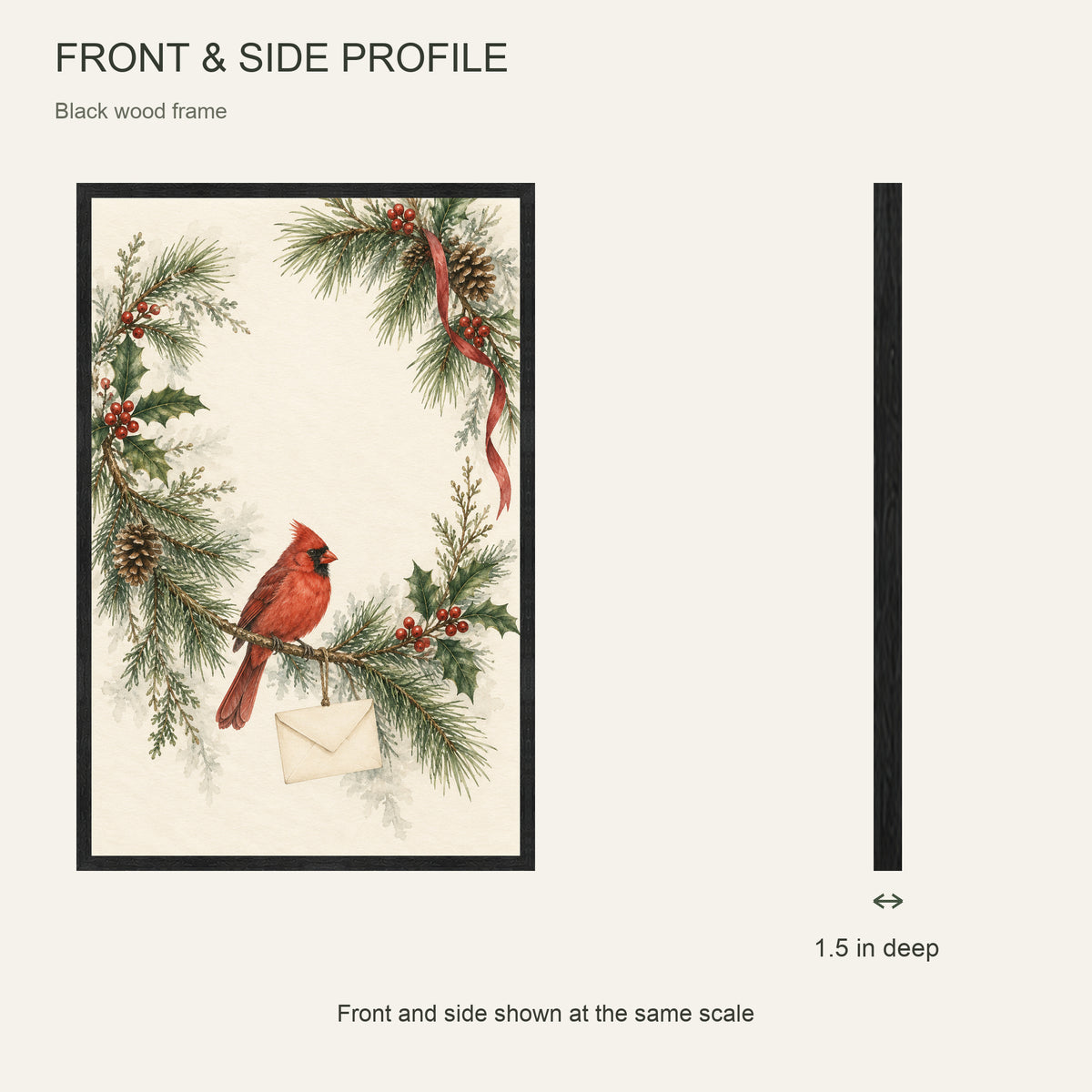 A Winter Letter on the Pine Branch — Black Wood Framed Christmas Canvas Wall Art — Front and side showing 1.5-inch depth — Image 5