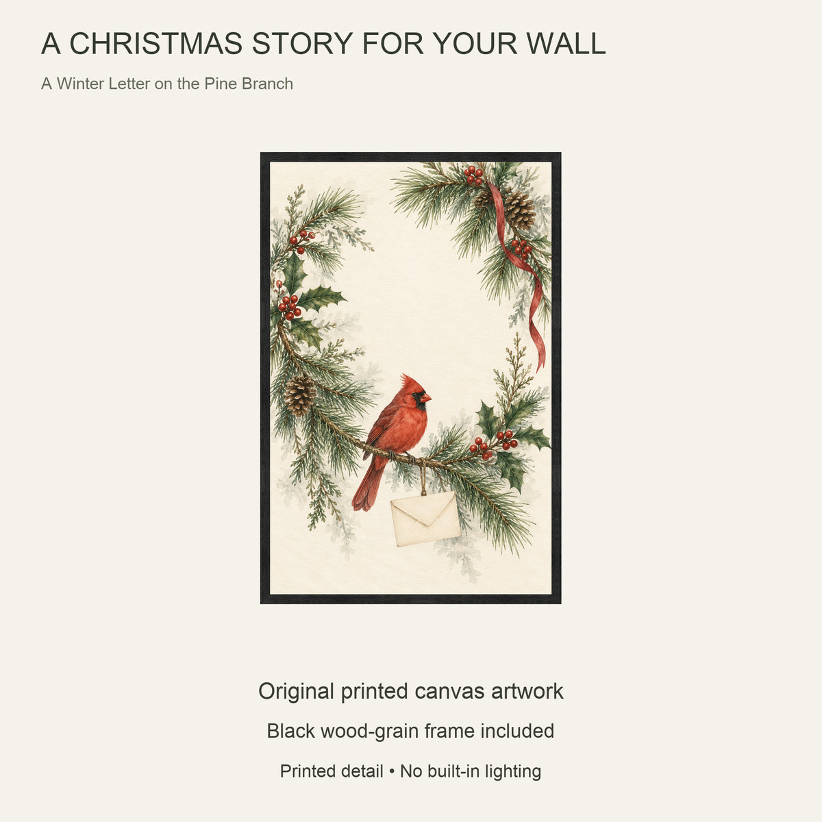 A Winter Letter on the Pine Branch — Black Wood Framed Christmas Canvas Wall Art — Complete artwork and product configuration — Image 9