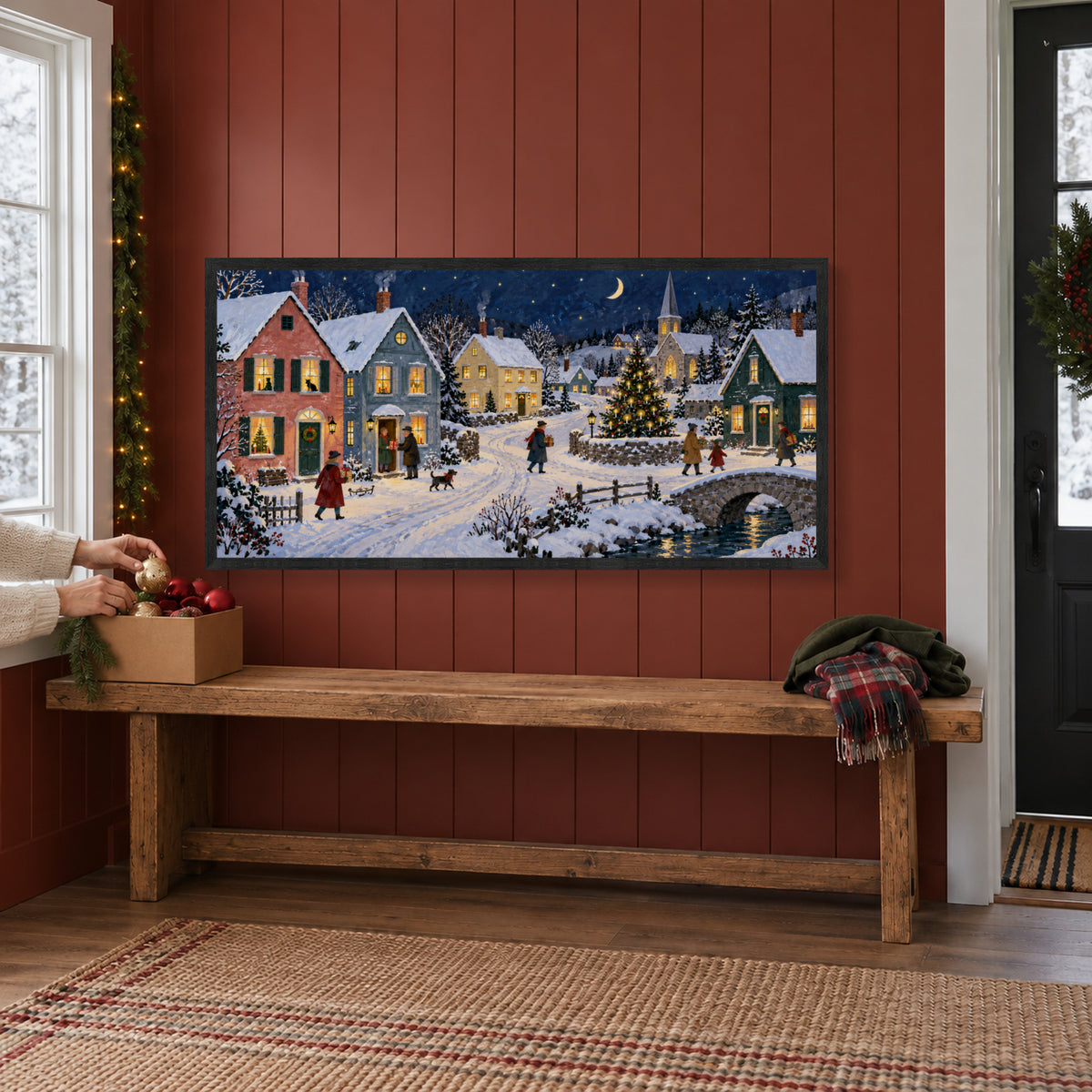 The Whole Town Is Still Awake — Black Wood Framed Christmas Canvas Wall Art — Holiday activity with the artwork on the wall — Image 2