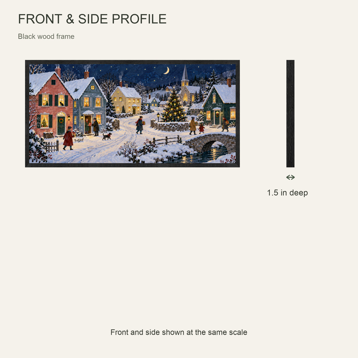 The Whole Town Is Still Awake — Black Wood Framed Christmas Canvas Wall Art — Front and side showing 1.5-inch depth — Image 5