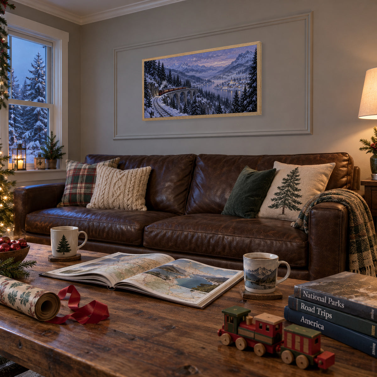 The Last Christmas Train — Light Wood Framed Christmas Canvas Wall Art — Holiday room setting — Image 2