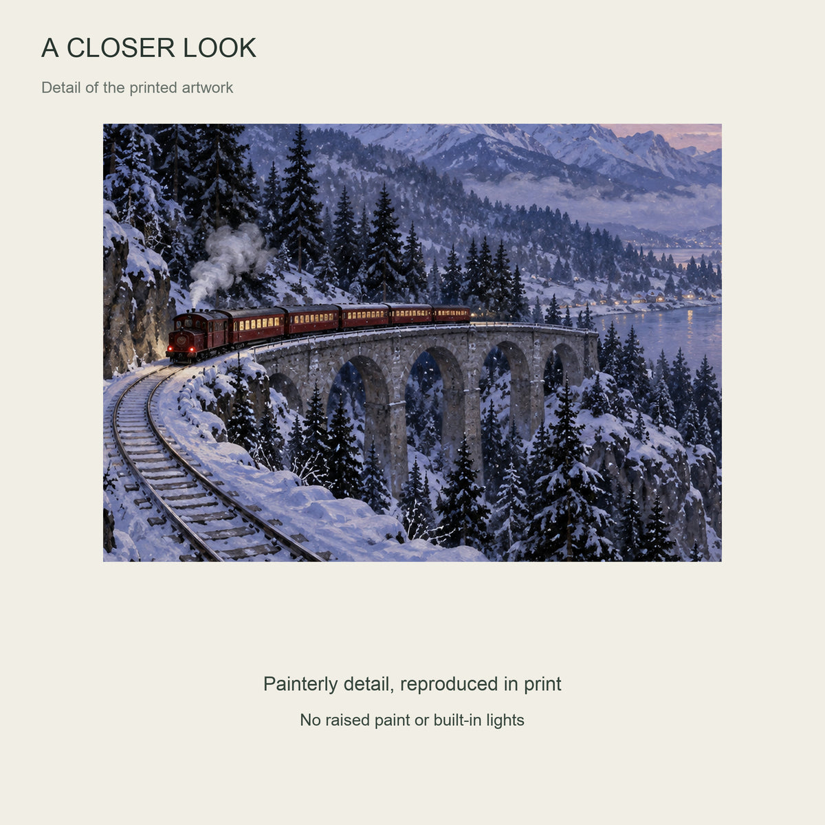 The Last Christmas Train — Light Wood Framed Christmas Canvas Wall Art — Detail of printed artwork — Image 5