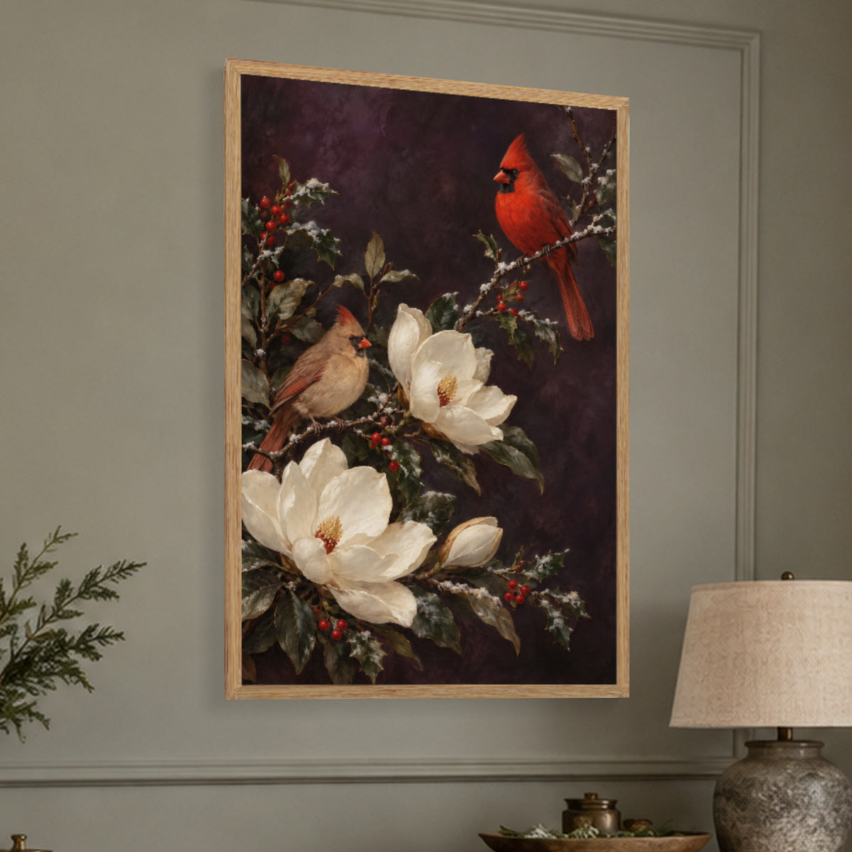 Winter Cardinals & Magnolia — Light Wood Framed Christmas Canvas Wall Art — Atmospheric framed artwork close view — Image 1