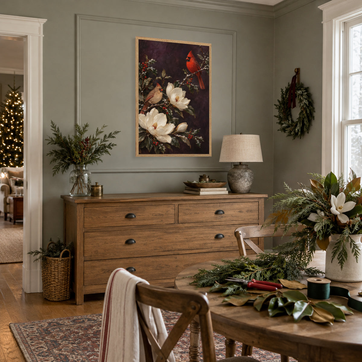 Winter Cardinals & Magnolia — Light Wood Framed Christmas Canvas Wall Art — Holiday room setting — Image 2