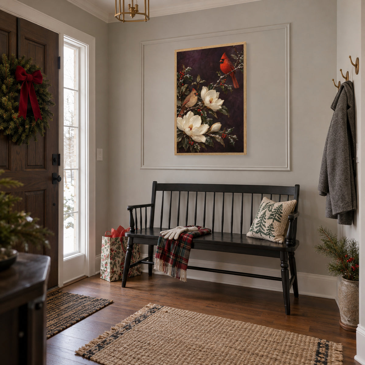 Winter Cardinals & Magnolia — Light Wood Framed Christmas Canvas Wall Art — Winter home setting — Image 4