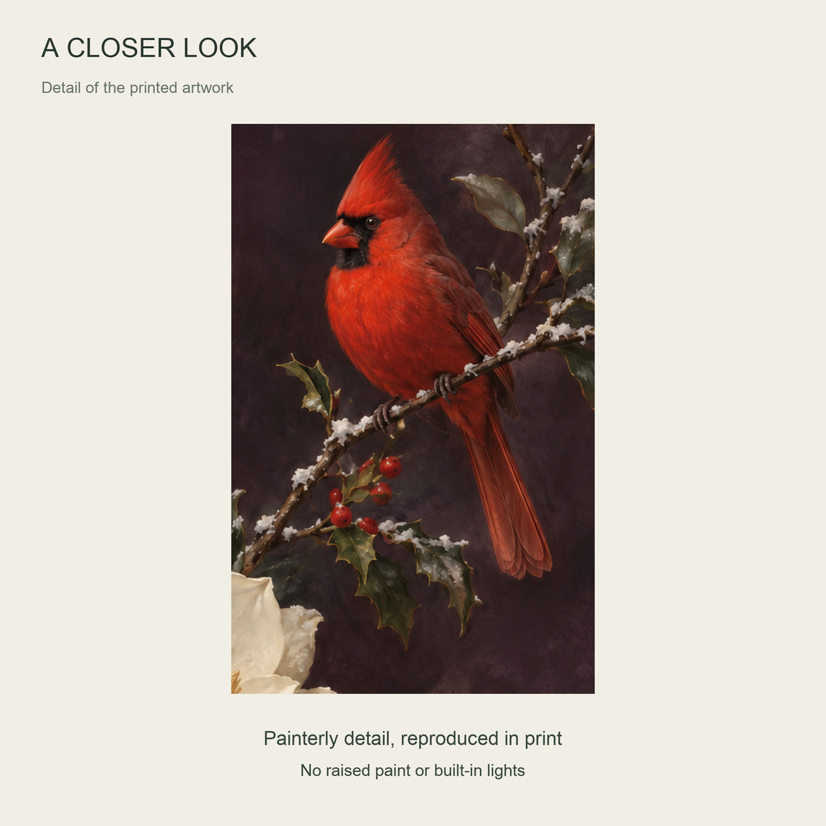 Winter Cardinals & Magnolia — Light Wood Framed Christmas Canvas Wall Art — Detail of printed artwork — Image 5