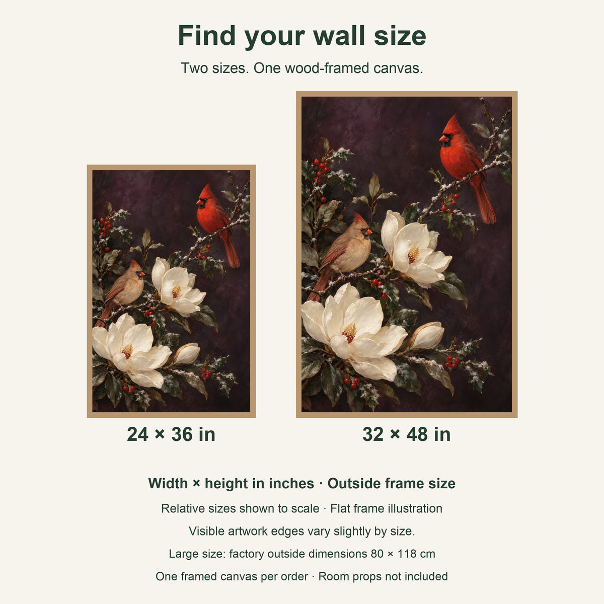 Winter Cardinals & Magnolia — Light Wood Framed Christmas Canvas Wall Art — artwork size comparison, width × height in inches — Image 9