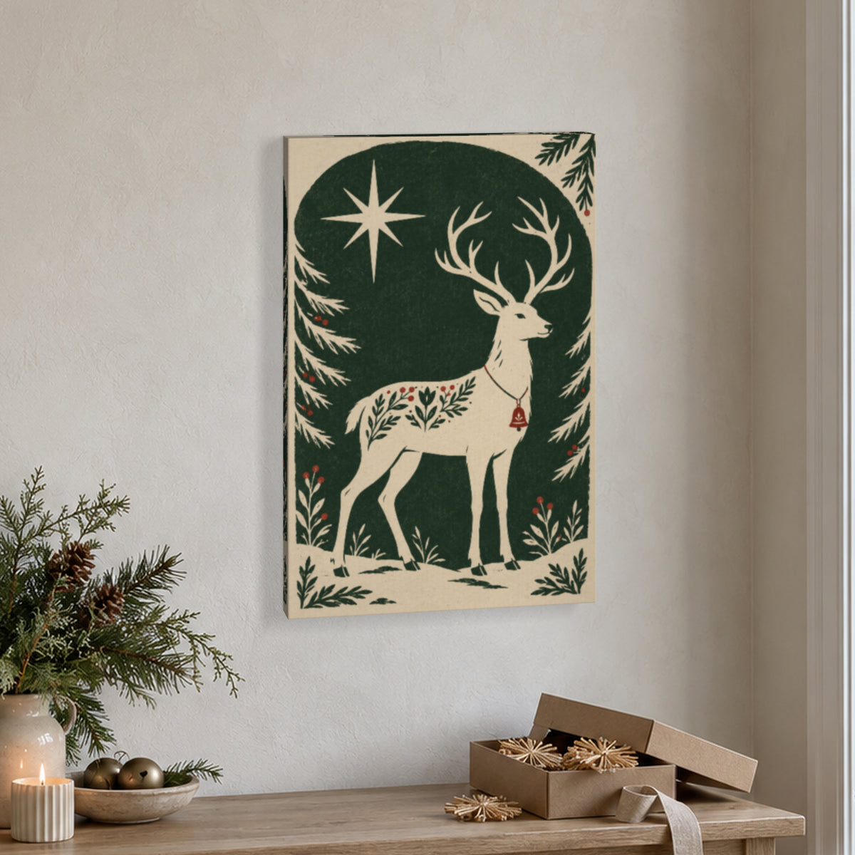 Bell Reindeer Under the Stars — Nordic Christmas Canvas Wall Art — cream reindeer with red bell and winter star in styled holiday corner — Image 1