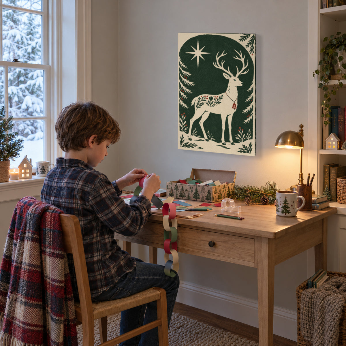 Bell Reindeer Under the Stars — Nordic Christmas Canvas Wall Art — cream reindeer with red bell and winter star in a second holiday living space — Image 3