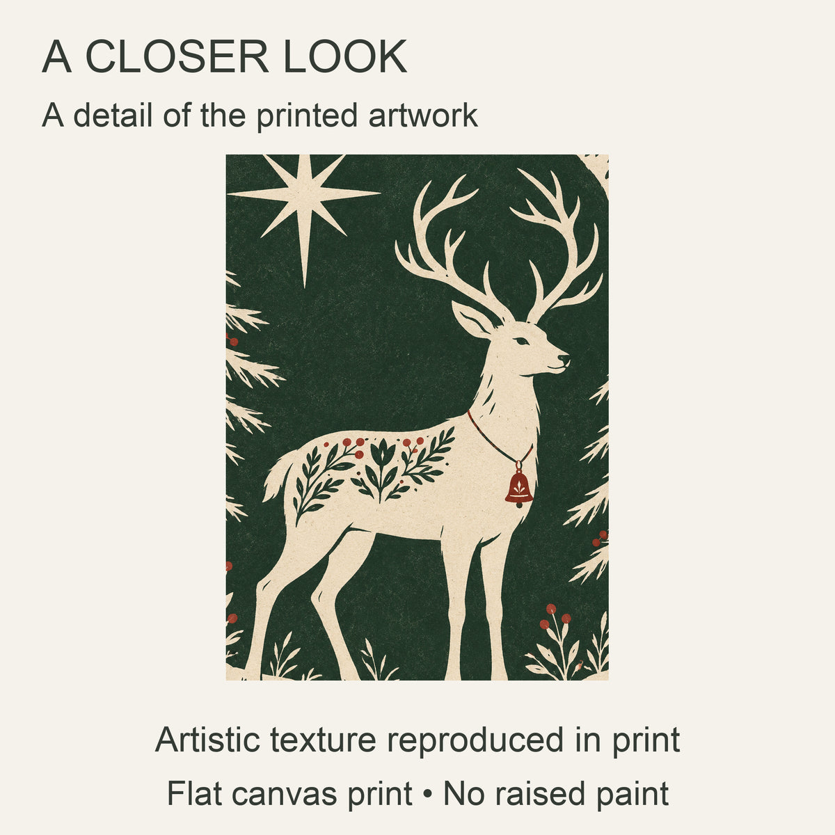 Bell Reindeer Under the Stars — Nordic Christmas Canvas Wall Art — close-up of cream reindeer with red bell and winter star — Image 4