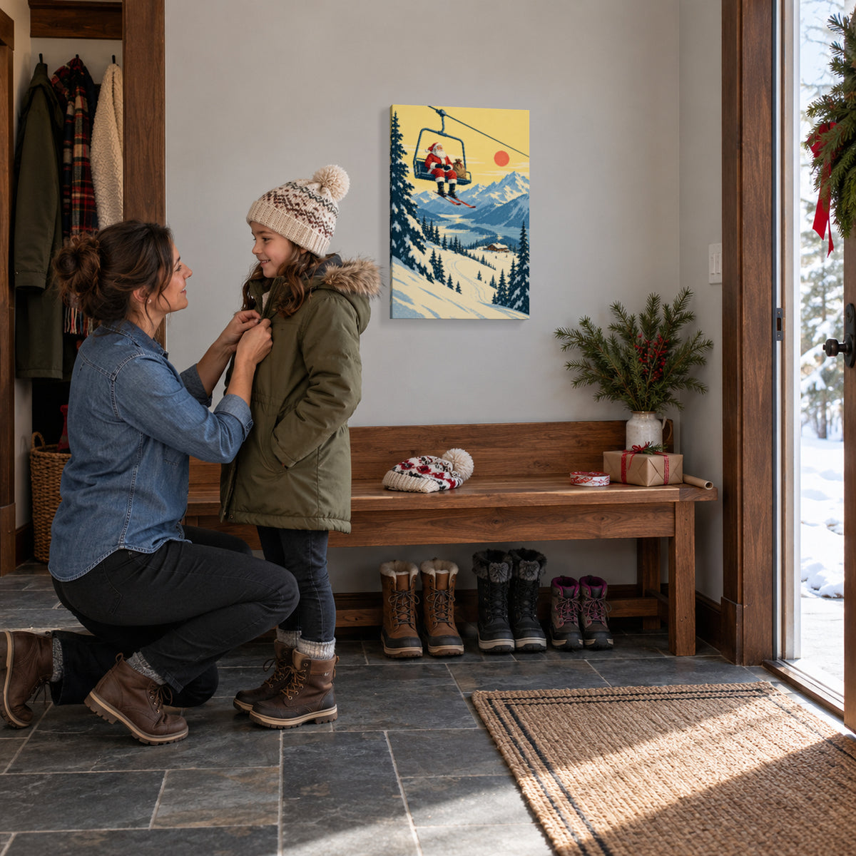 Santa’s Ski Holiday — Vintage Christmas Canvas Wall Art — Santa riding a ski chairlift over snowy mountains in a second holiday living space — Image 3