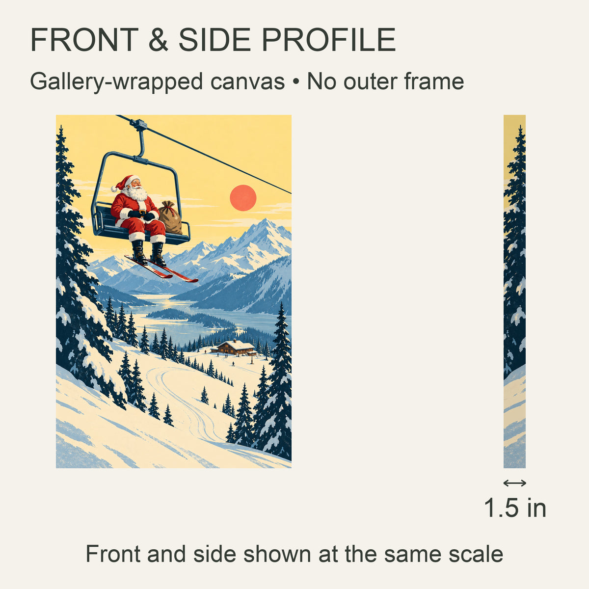 Santa’s Ski Holiday — Vintage Christmas Canvas Wall Art — front and 1.5-inch side profile — Image 5