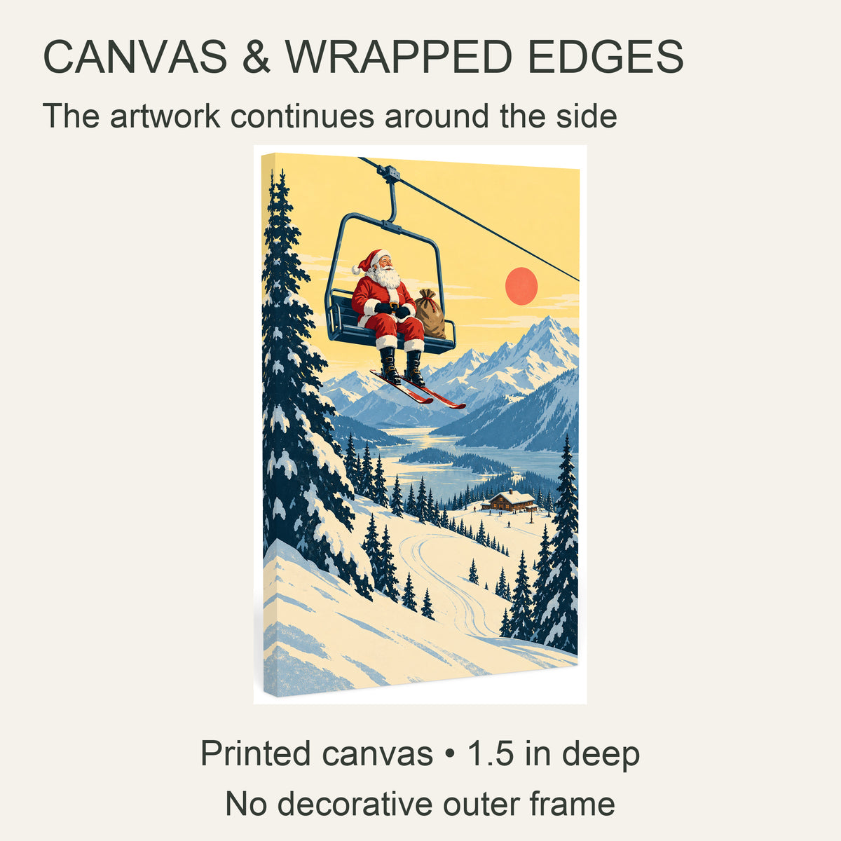 Santa’s Ski Holiday — Vintage Christmas Canvas Wall Art — canvas artwork and wrapped edges — Image 6