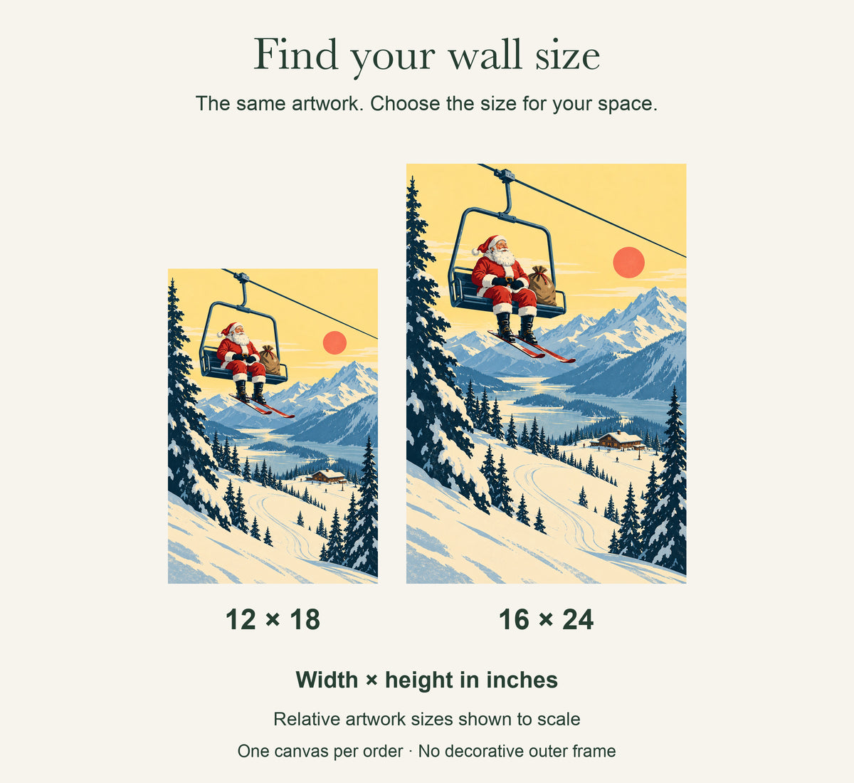 Santa’s Ski Holiday — Vintage Christmas Canvas Wall Art — artwork size comparison, width × height in inches — Image 9
