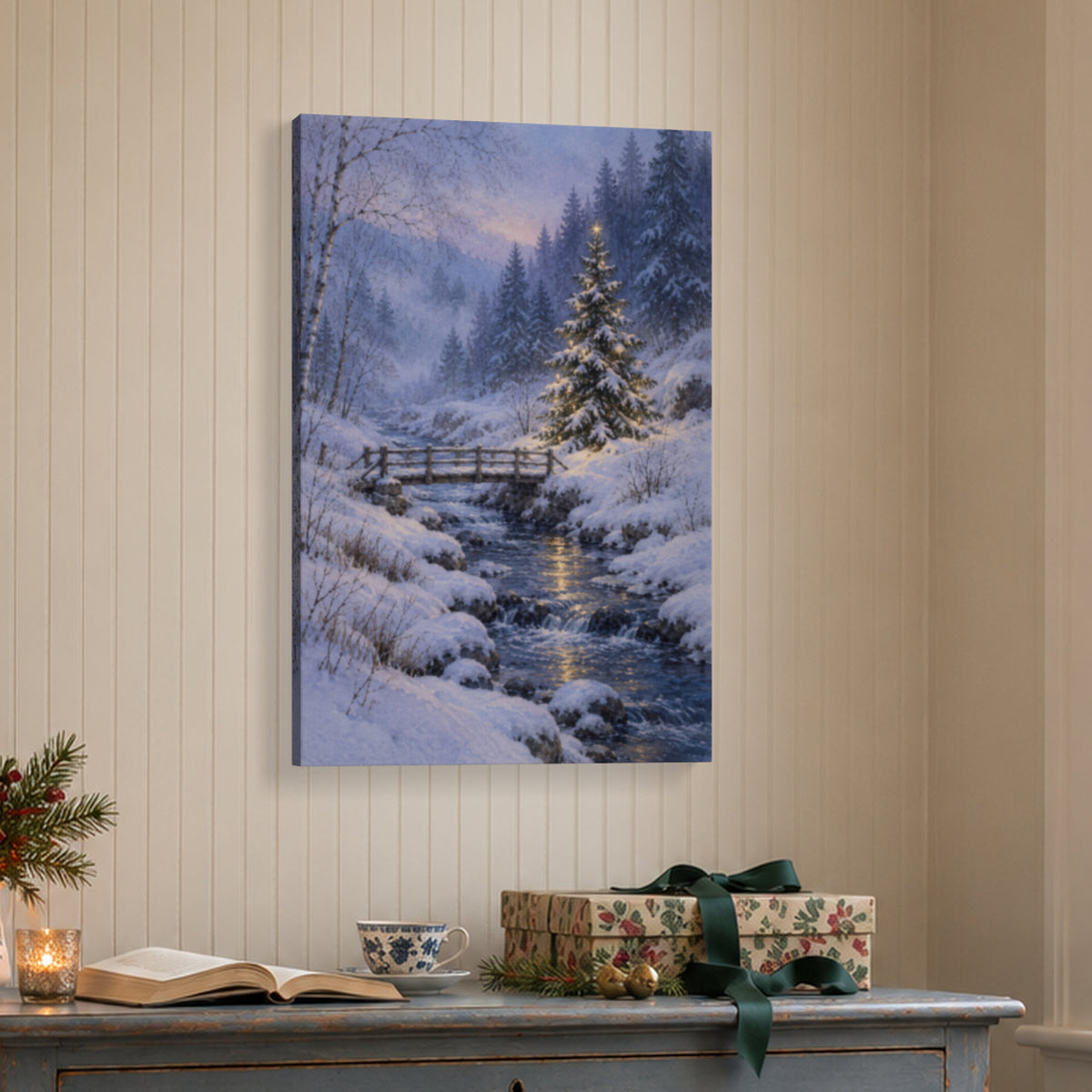 Christmas Star Beside the Stream — Winter Canvas Wall Art — star-topped fir beside snowy stream and bridge in styled holiday corner — Image 1