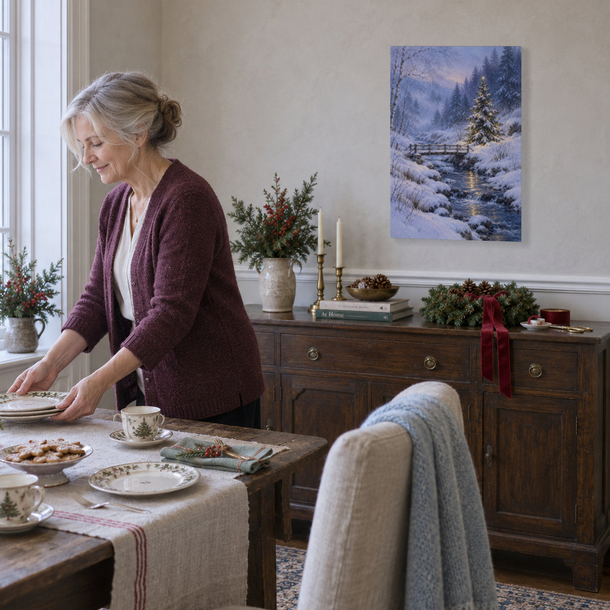 Christmas Star Beside the Stream — Winter Canvas Wall Art — star-topped fir beside snowy stream and bridge during a family holiday activity — Image 2
