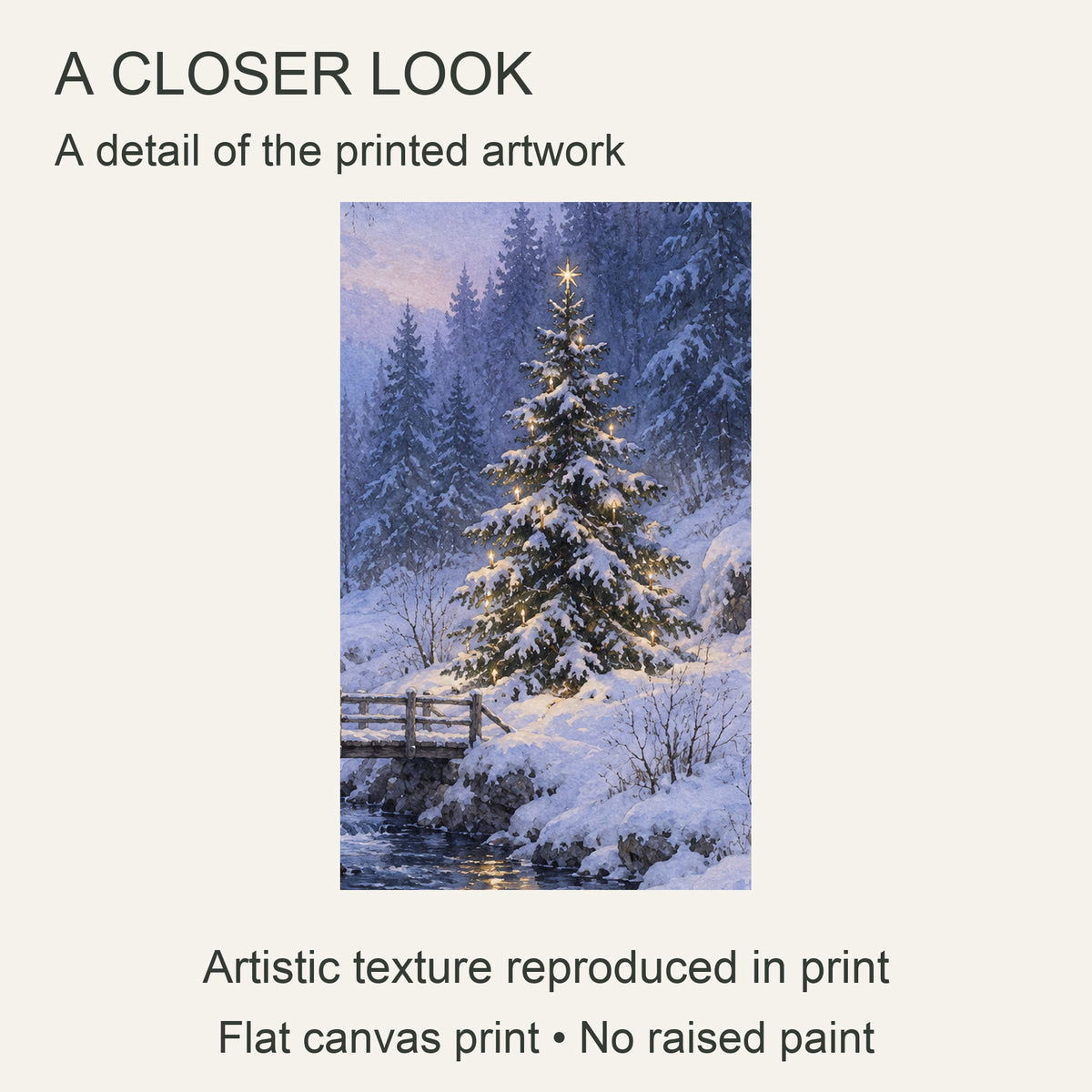 Christmas Star Beside the Stream — Winter Canvas Wall Art — close-up of star-topped fir beside snowy stream and bridge — Image 4