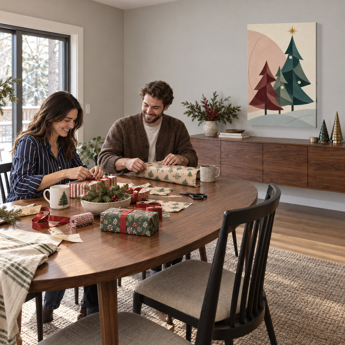 Winter Harmony of Three Trees — Modern Christmas Canvas Wall Art — three geometric Christmas trees on one canvas during a family holiday activity — Image 2