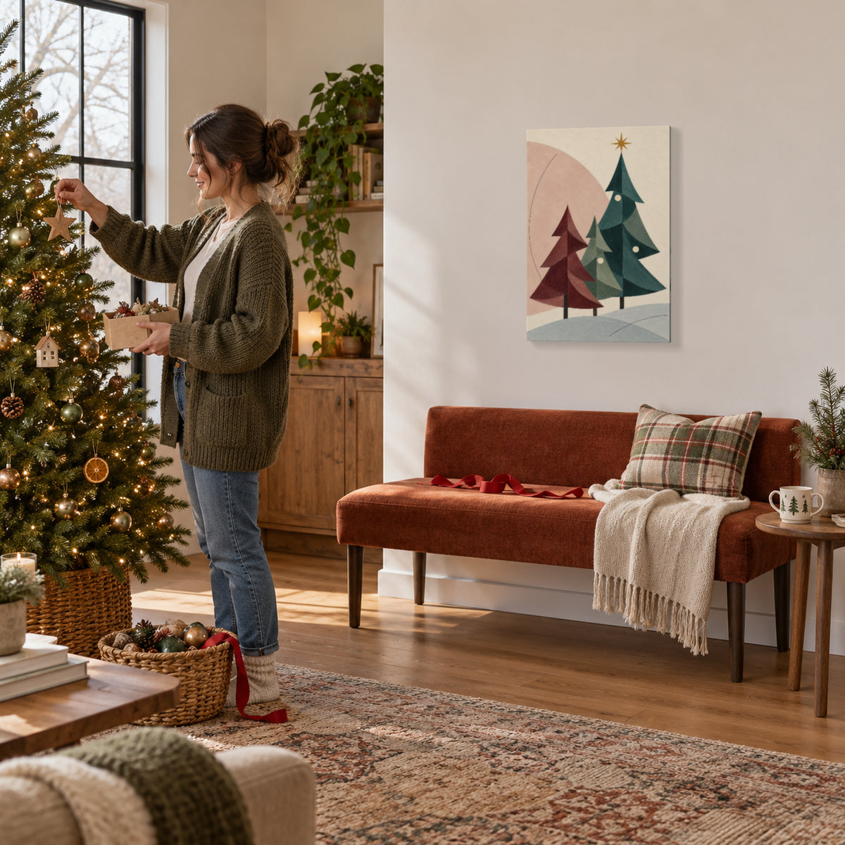 Winter Harmony of Three Trees — Modern Christmas Canvas Wall Art — three geometric Christmas trees on one canvas in a second holiday living space — Image 3