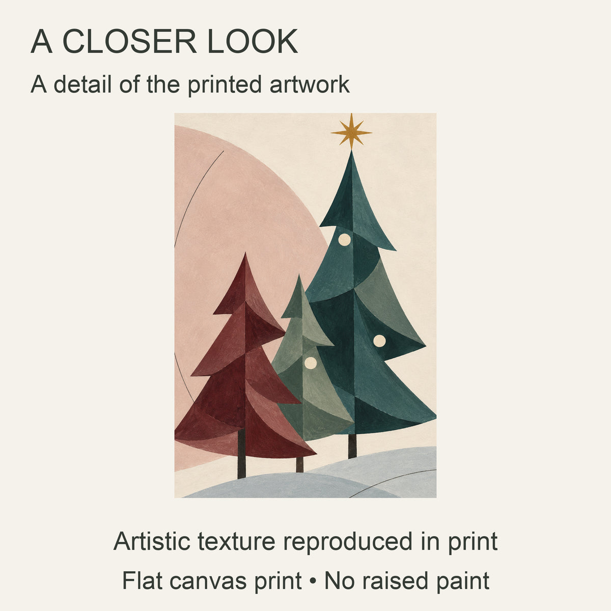 Winter Harmony of Three Trees — Modern Christmas Canvas Wall Art — close-up of three geometric Christmas trees on one canvas — Image 4