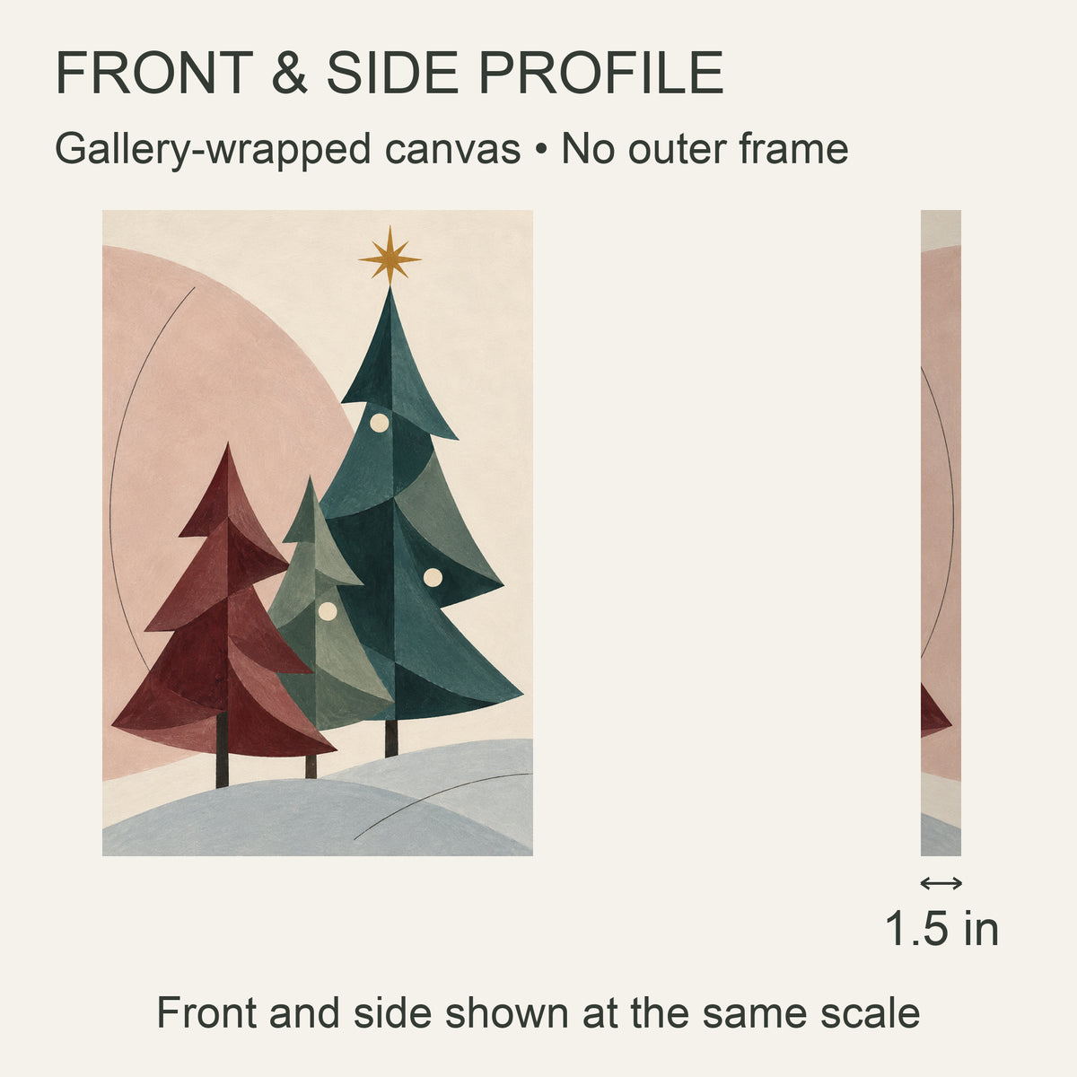 Winter Harmony of Three Trees — Modern Christmas Canvas Wall Art — front and 1.5-inch side profile — Image 5