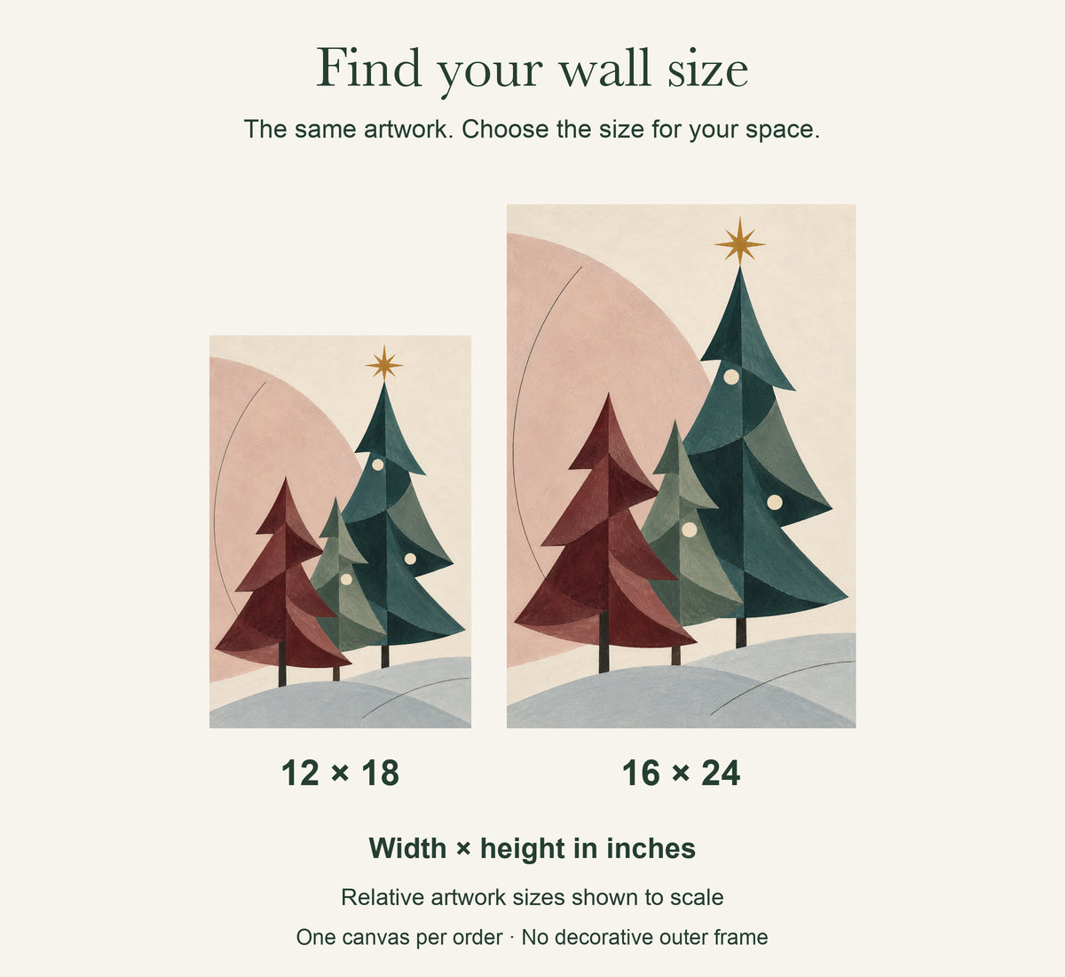 Winter Harmony of Three Trees — Modern Christmas Canvas Wall Art — artwork size comparison, width × height in inches — Image 9
