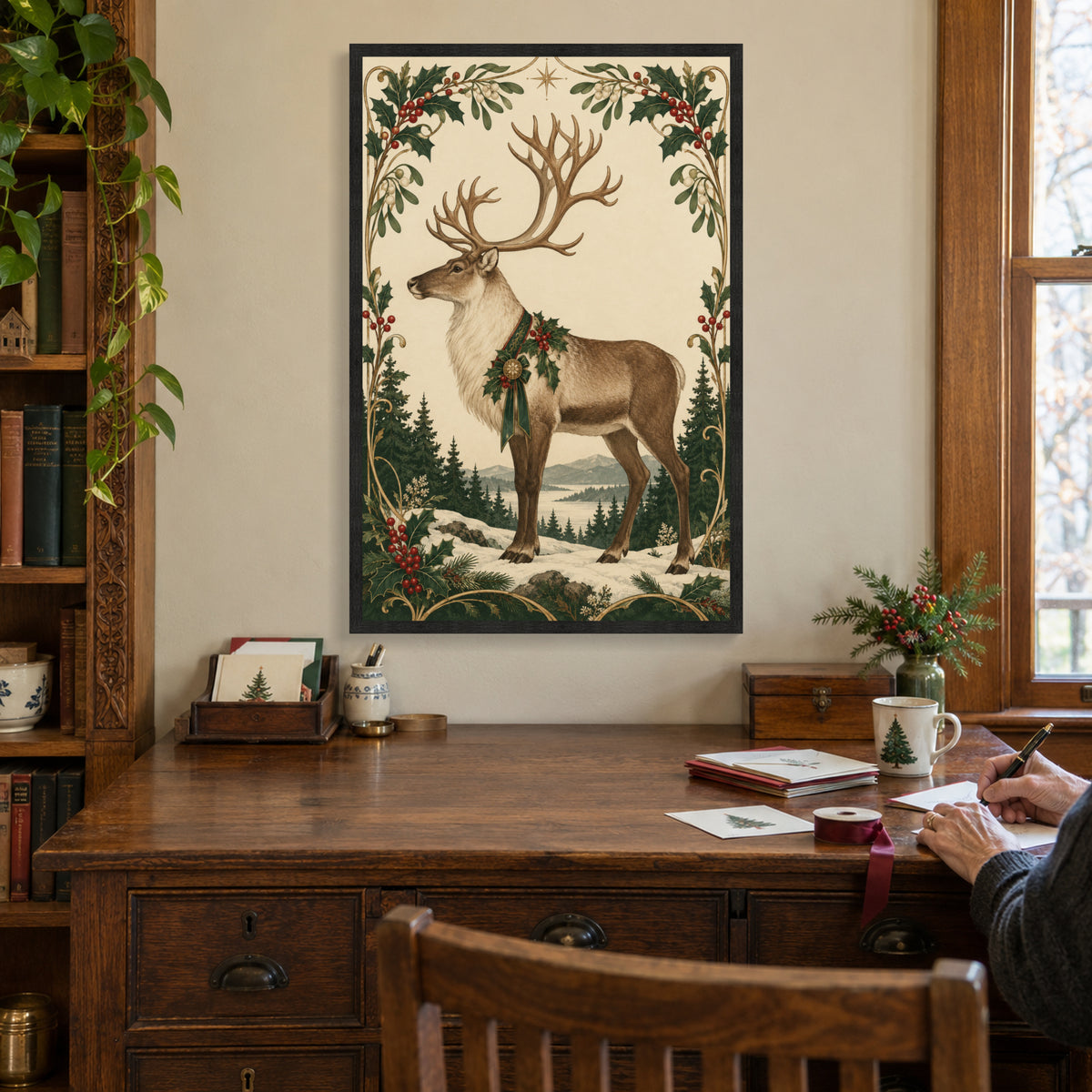 The Holly Crown — Black Wood Framed Christmas Canvas Wall Art — Complete artwork in a holiday living space — Image 1