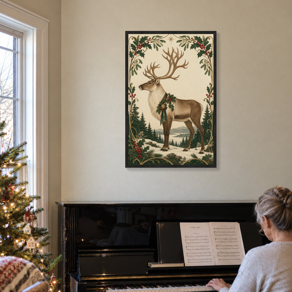 The Holly Crown — Black Wood Framed Christmas Canvas Wall Art — Another holiday living space with the complete artwork — Image 3
