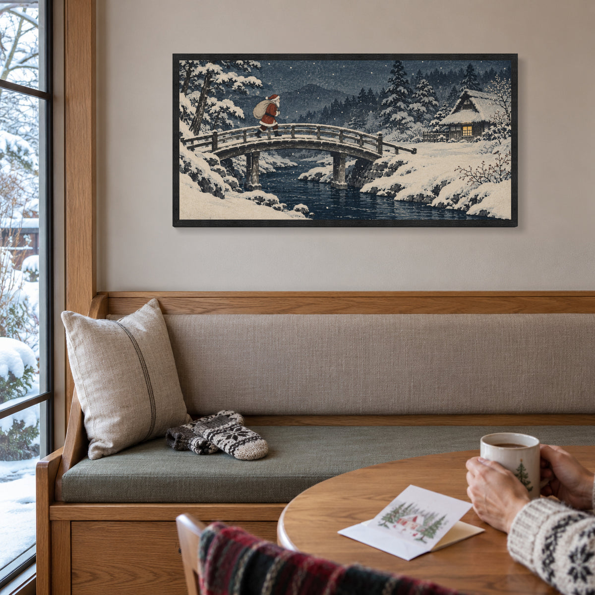 The Last Traveler on the Snow Bridge — Black Wood Framed Christmas Canvas Wall Art — Complete artwork in a holiday living space — Image 1