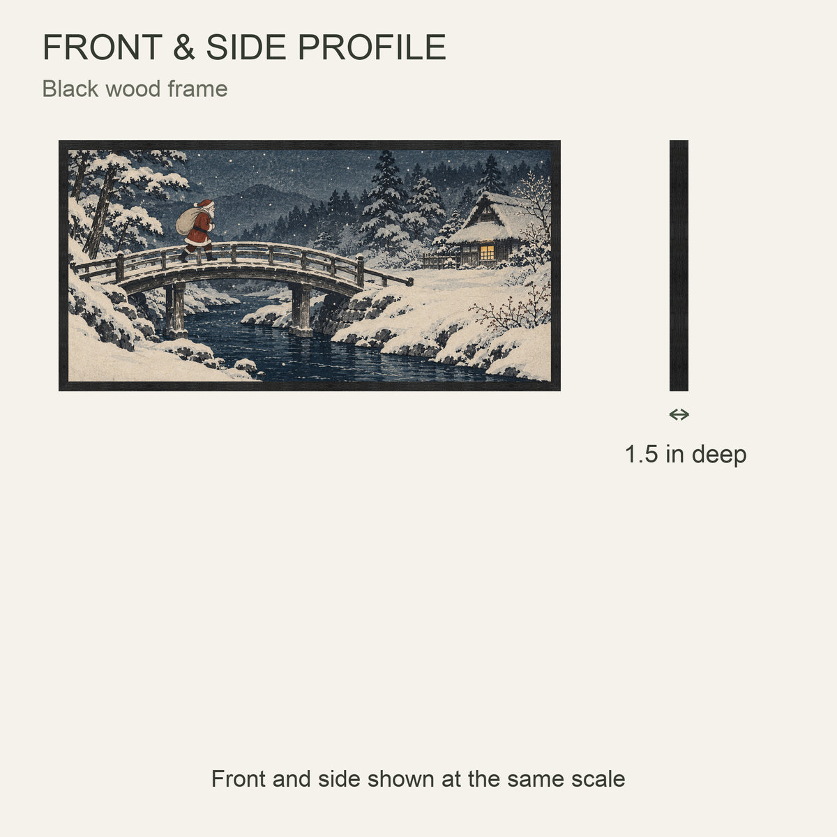 The Last Traveler on the Snow Bridge — Black Wood Framed Christmas Canvas Wall Art — Front and side showing actual canvas depth — Image 5