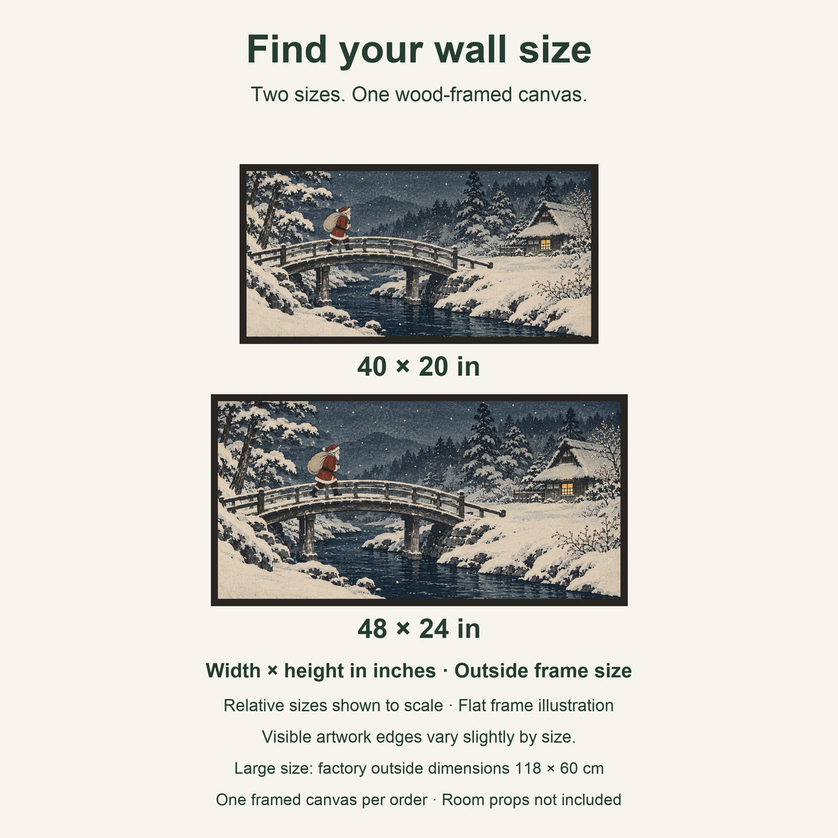 The Last Traveler on the Snow Bridge — Black Wood Framed Christmas Canvas Wall Art — artwork size comparison, width × height in inches — Image 8