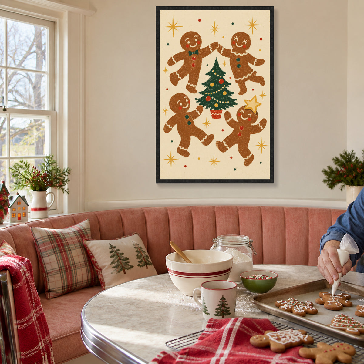 The Gingerbread Ball — Black Wood Framed Christmas Canvas Wall Art — Complete artwork in a holiday living space — Image 1