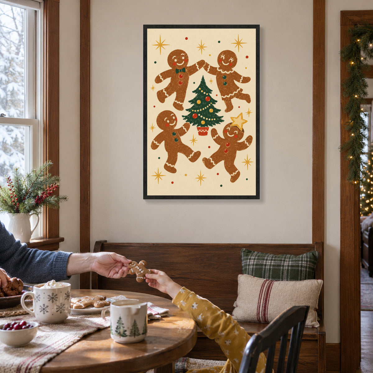 The Gingerbread Ball — Black Wood Framed Christmas Canvas Wall Art — Another holiday living space with the complete artwork — Image 3