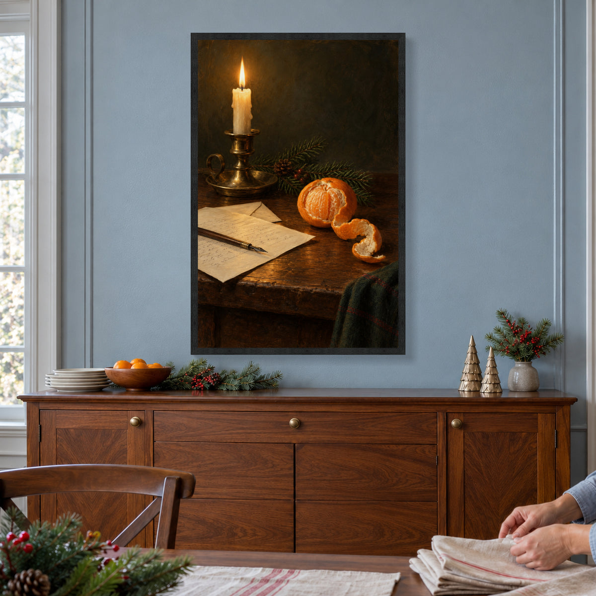 The Scent of Oranges on Christmas Eve — Black Wood Framed Christmas Canvas Wall Art — Complete artwork in a holiday living space — Image 1