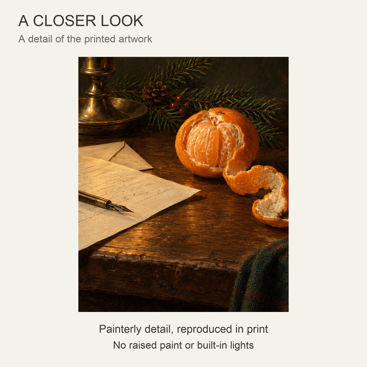The Scent of Oranges on Christmas Eve — Black Wood Framed Christmas Canvas Wall Art — Close-up of the printed artwork — Image 4