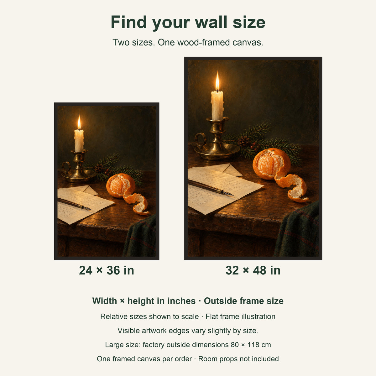 The Scent of Oranges on Christmas Eve — Black Wood Framed Christmas Canvas Wall Art — artwork size comparison, width × height in inches — Image 8