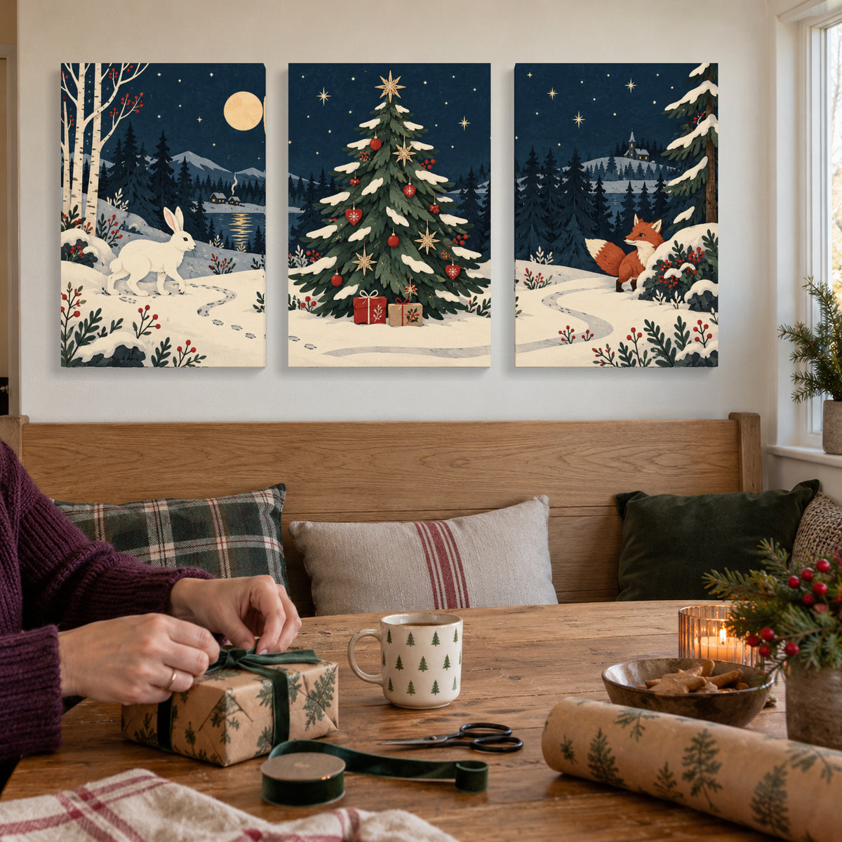 Christmas Hidden in the Forest — 3-Piece Christmas Canvas Wall Art Set — Complete artwork in a holiday living space — Image 1
