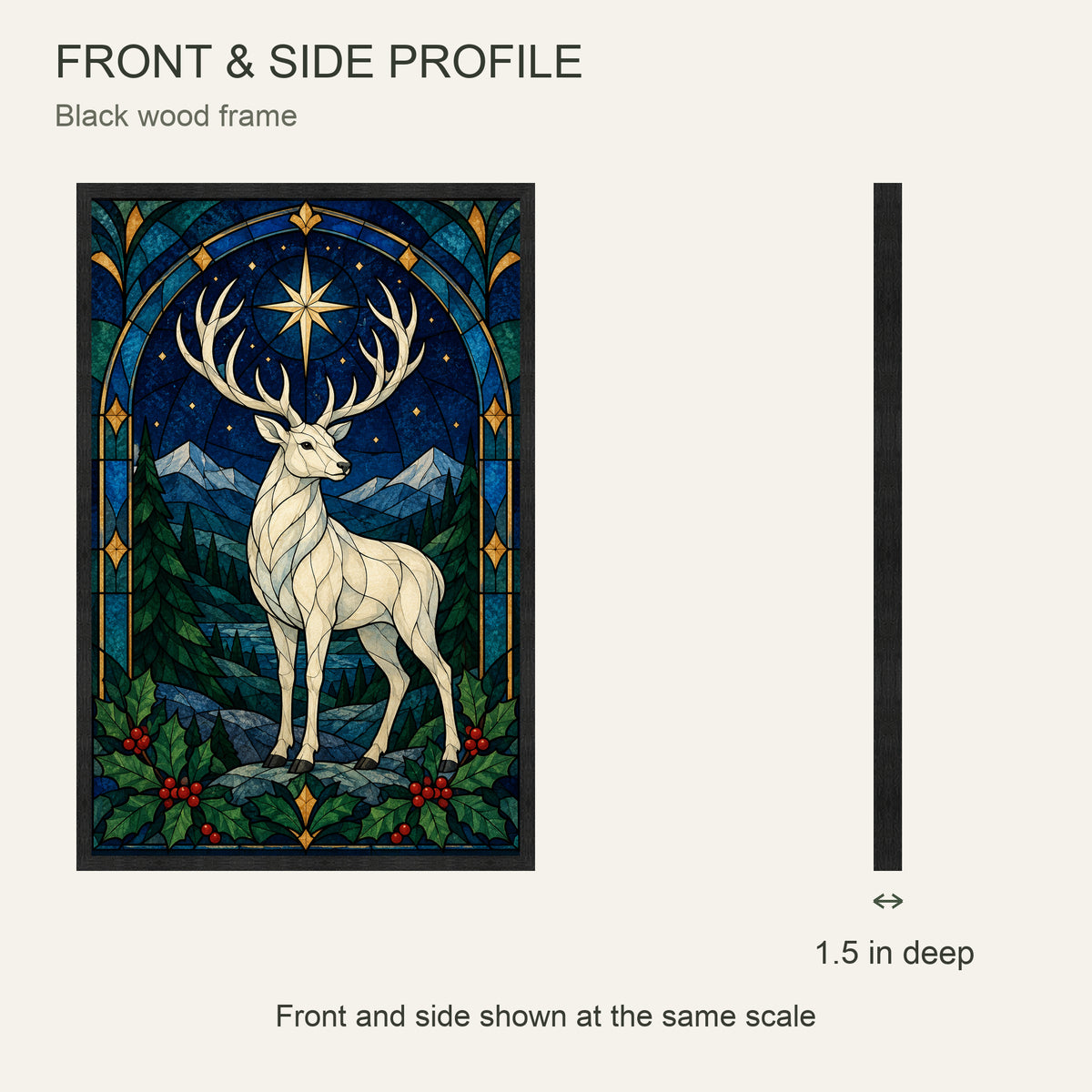 The Midnight Star Window — Black Wood Framed Christmas Canvas Wall Art — Front and side showing actual canvas depth — Image 5
