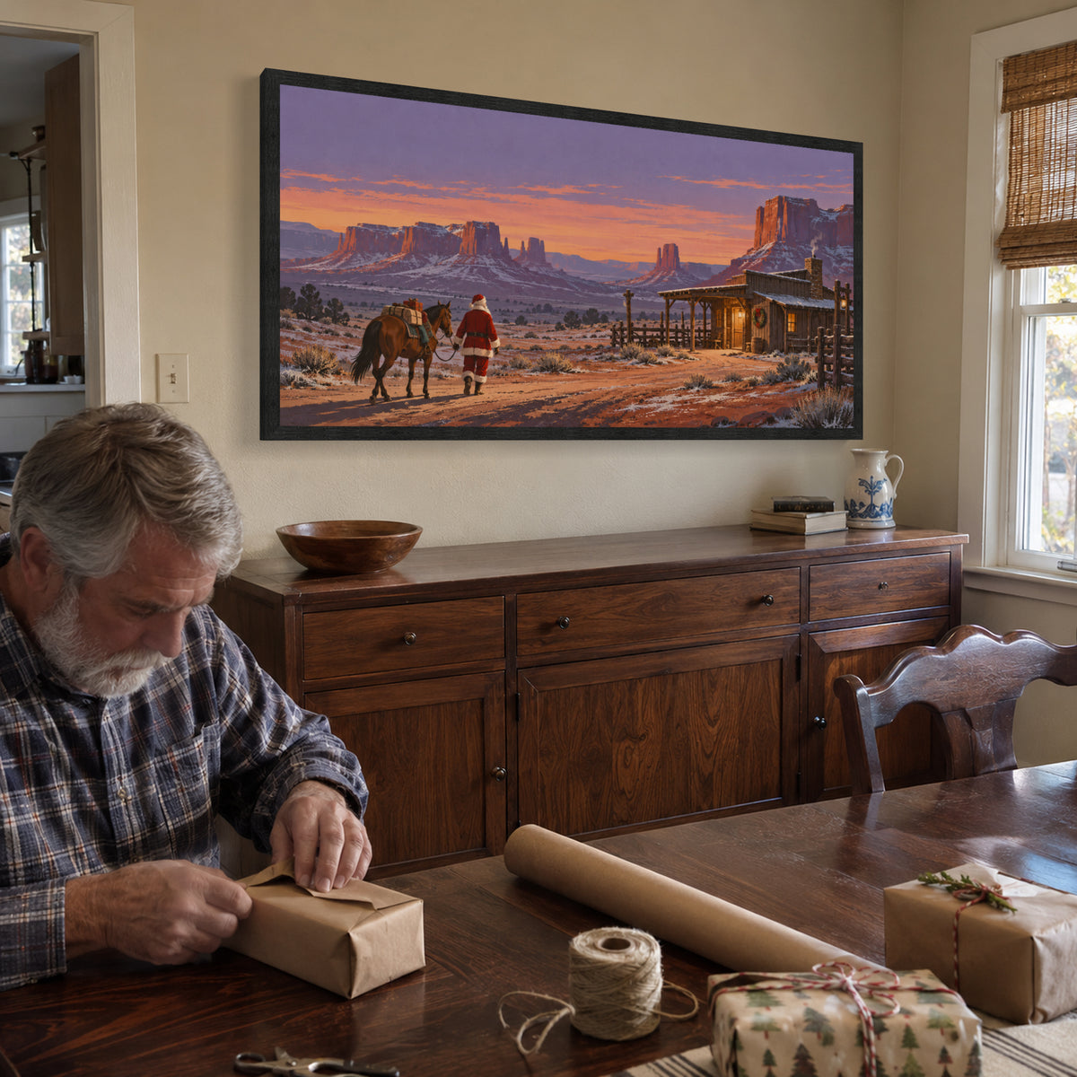 Christmas Waystation in the Wilderness — Black Wood Framed Christmas Canvas Wall Art — Holiday activity featuring the complete artwork — Image 2