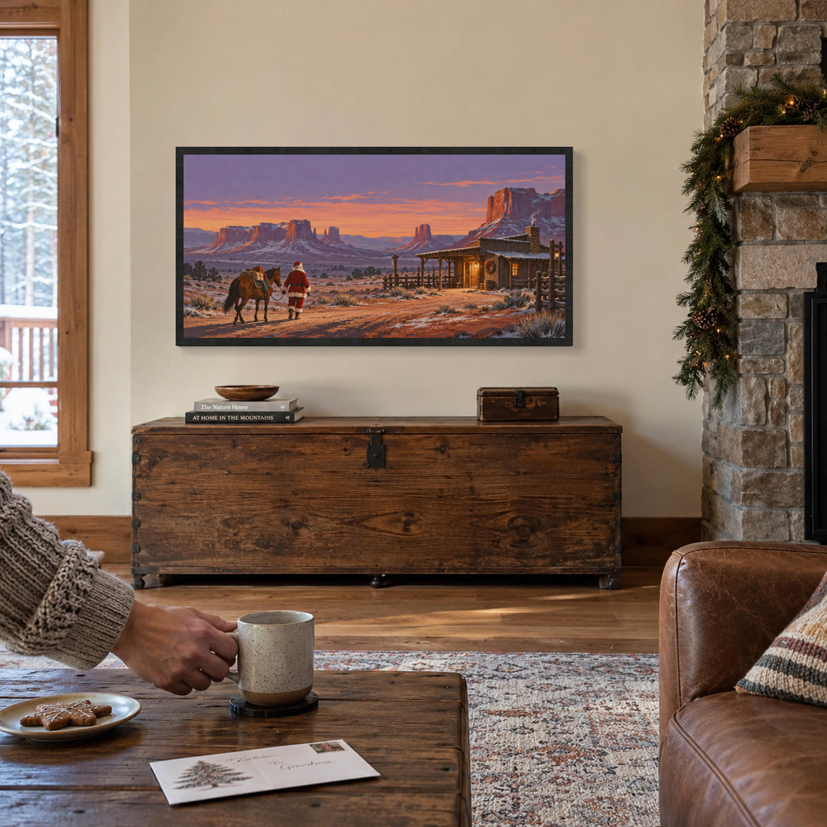 Christmas Waystation in the Wilderness — Black Wood Framed Christmas Canvas Wall Art — Another holiday living space with the complete artwork — Image 3