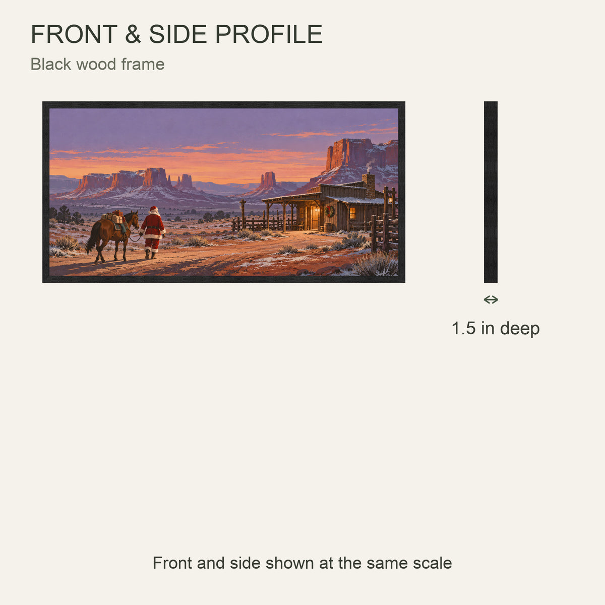 Christmas Waystation in the Wilderness — Black Wood Framed Christmas Canvas Wall Art — Front and side showing actual canvas depth — Image 5
