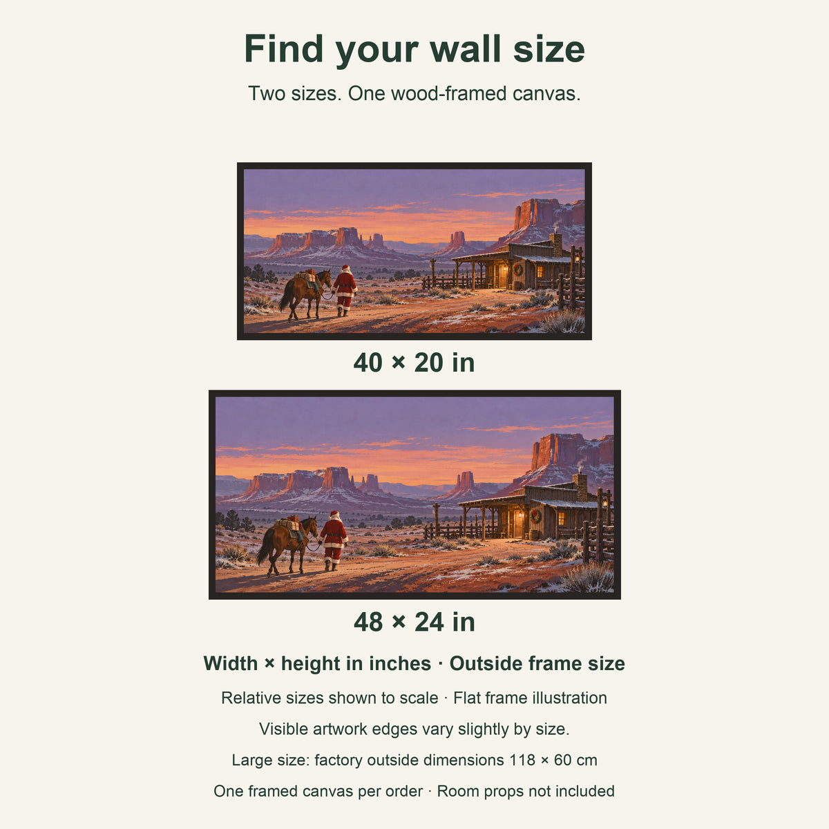 Christmas Waystation in the Wilderness — Black Wood Framed Christmas Canvas Wall Art — artwork size comparison, width × height in inches — Image 8