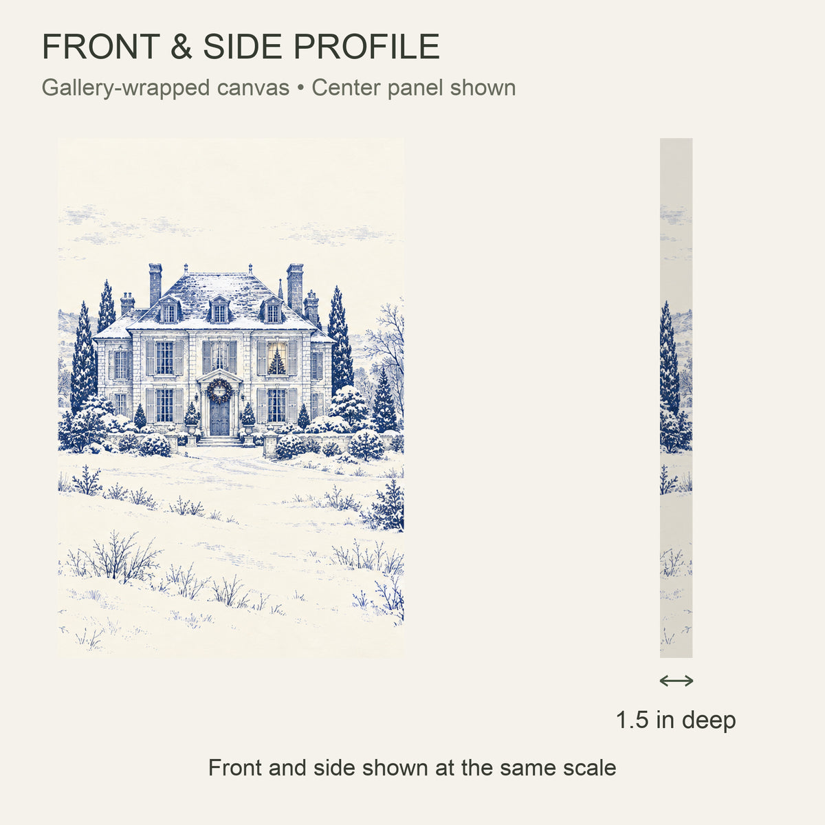 Snowfall at the Blue-and-White Estate — 3-Piece Christmas Canvas Wall Art Set — Front and side showing actual canvas depth — Image 5