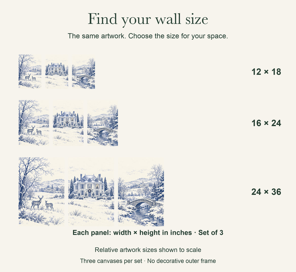 Snowfall at the Blue-and-White Estate — 3-Piece Christmas Canvas Wall Art Set — artwork size comparison, width × height in inches, dimensions per panel, set of 3 — Image 8