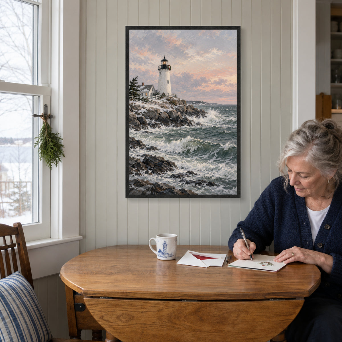 The Lighthouse Waits for Christmas — Black Wood Framed Christmas Canvas Wall Art — Complete artwork in a holiday living space — Image 1
